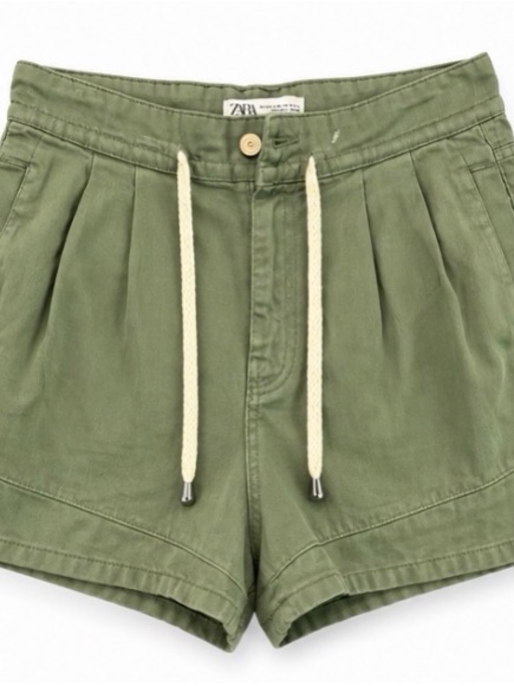 Zara Olive Drawstring Pleated High-Waist Shorts